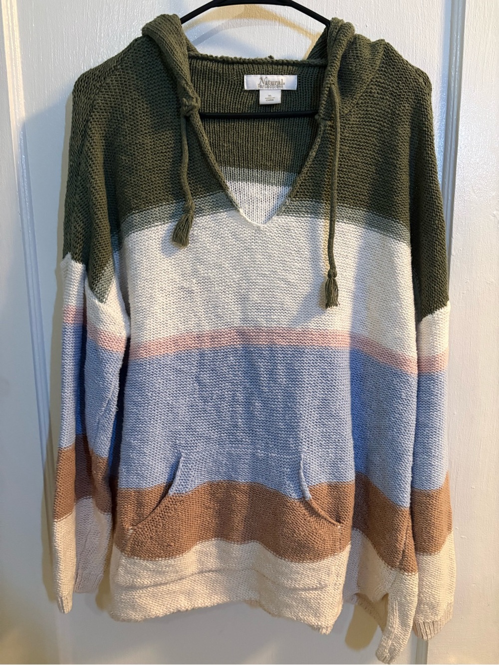 Natural Reflections Olive, Cream & Blue Striped V-Neck Hooded Sweater